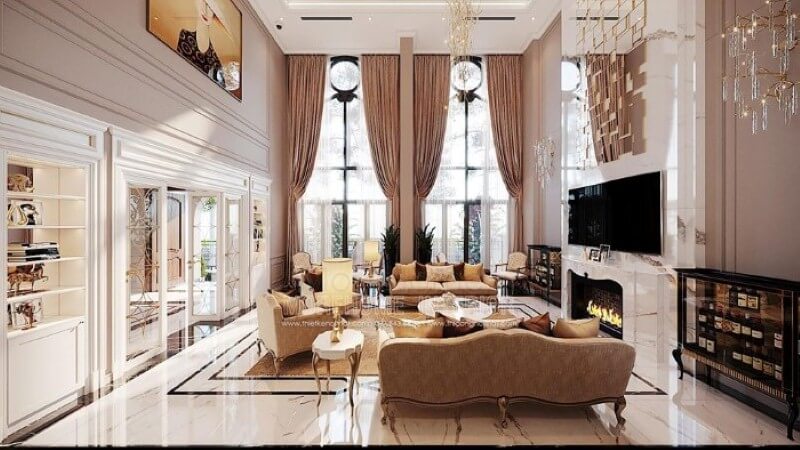 Sắp xếp nội thất phòng khách tân cổ điển đẹp, sang trọng tại Vinhomes Imperia Hải Phòng. Thiết kế phòng khách biệt thự
