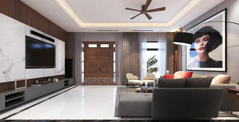 Thiết kế nội thất phòng khách hiện đại đẹp, tinh tế từ đá ốp tường vân mây, tranh treo tường nghệ thuật cùng sofa hiện đại cao cấp. Thiết kế phòng khách biệt thự