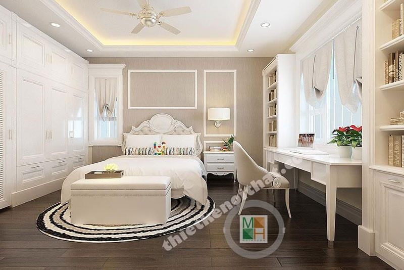 Nội thất phòng ngủ tone màu trắng với thiết kế tân cổ điển tạo điểm nhấn ấn tượng, sang trọng cho căn phòng